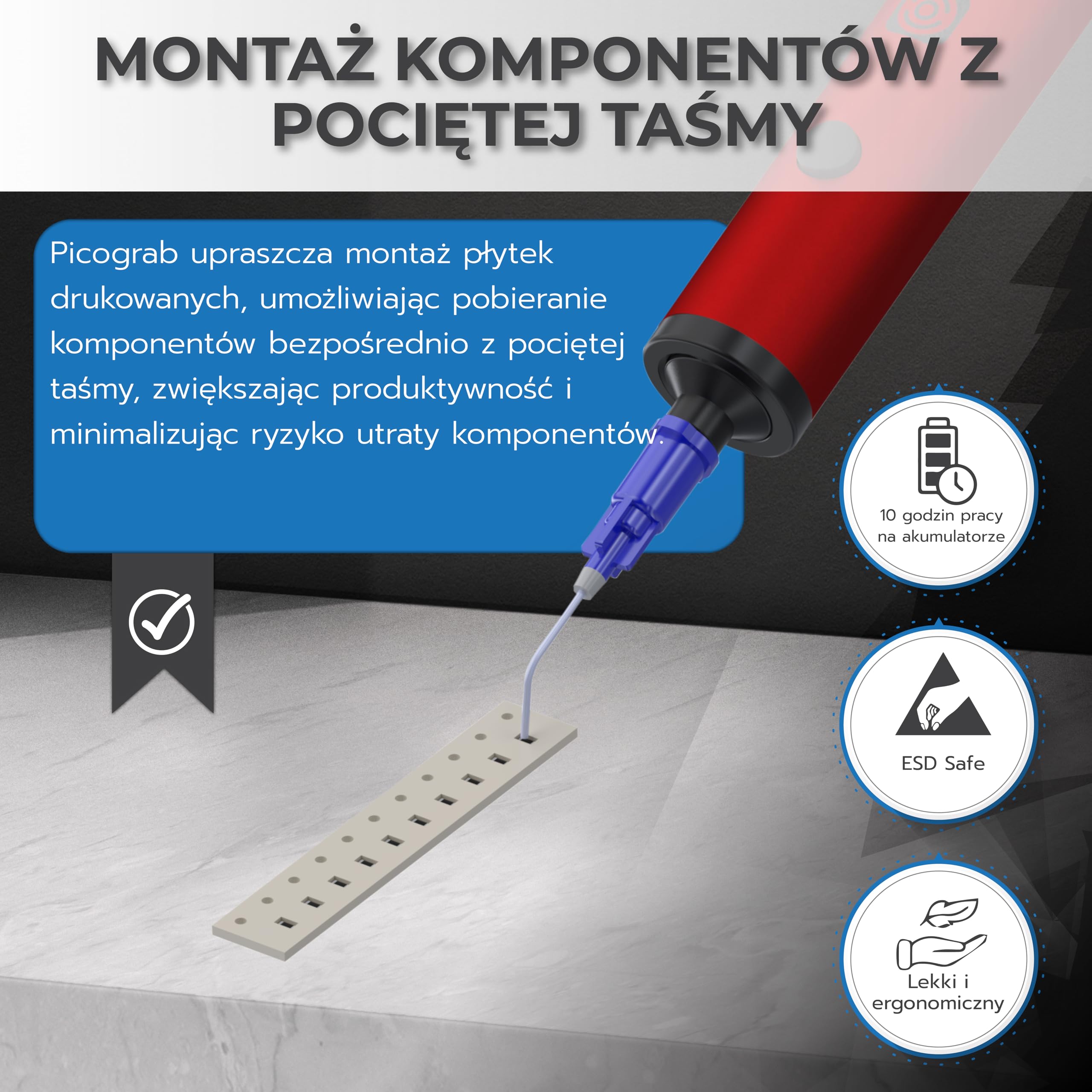 Ładowalny długopis próżniowy ESD do umieszczania komponentów IC i naprawy chipów SMD, z 3 przyssawkami, 6 wymiennymi dyszami, aluminiową obudową, portem USB-C i czasem pracy baterii do 10 godzin.