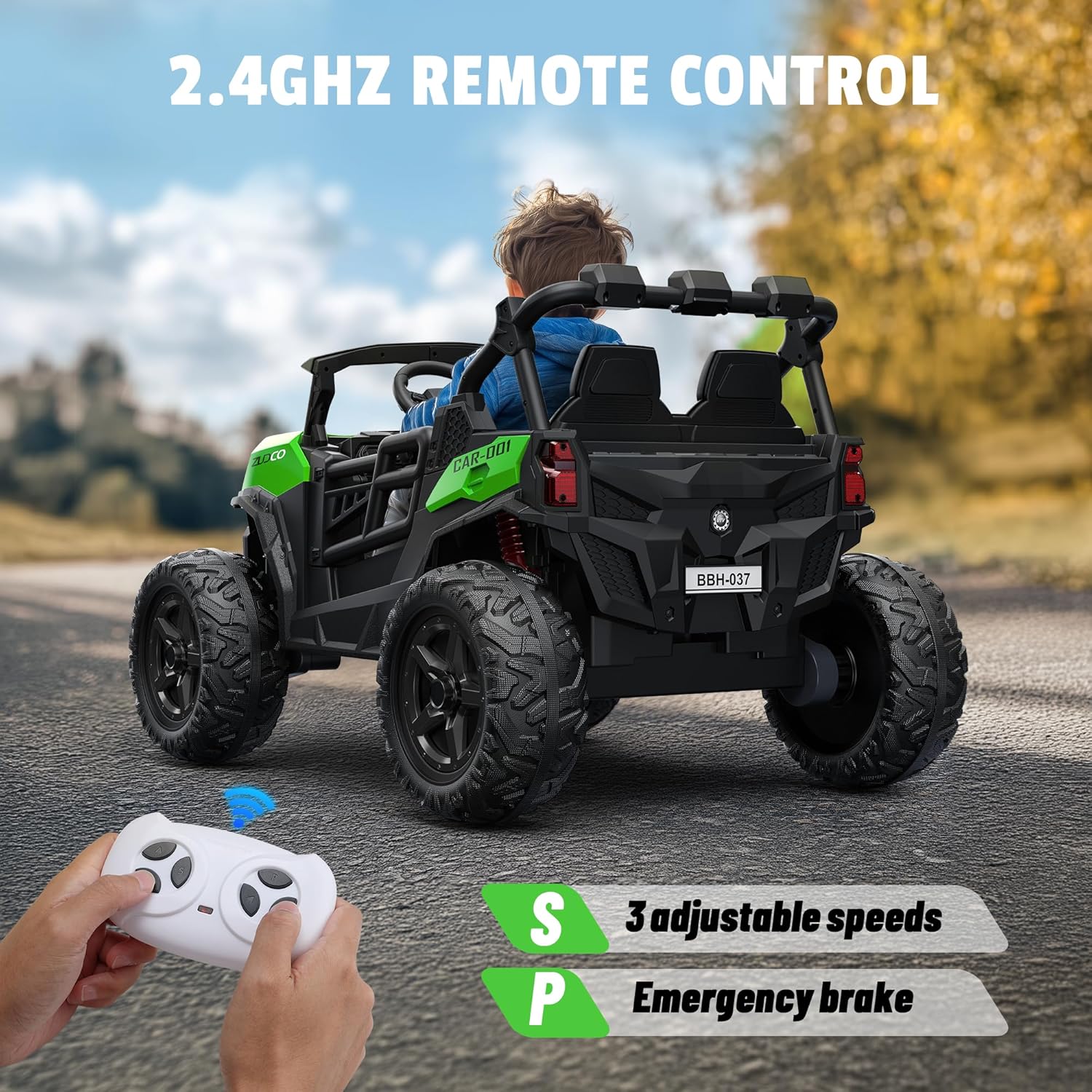 Child driving the ride-on car with a parent using the 2.4GHz remote control