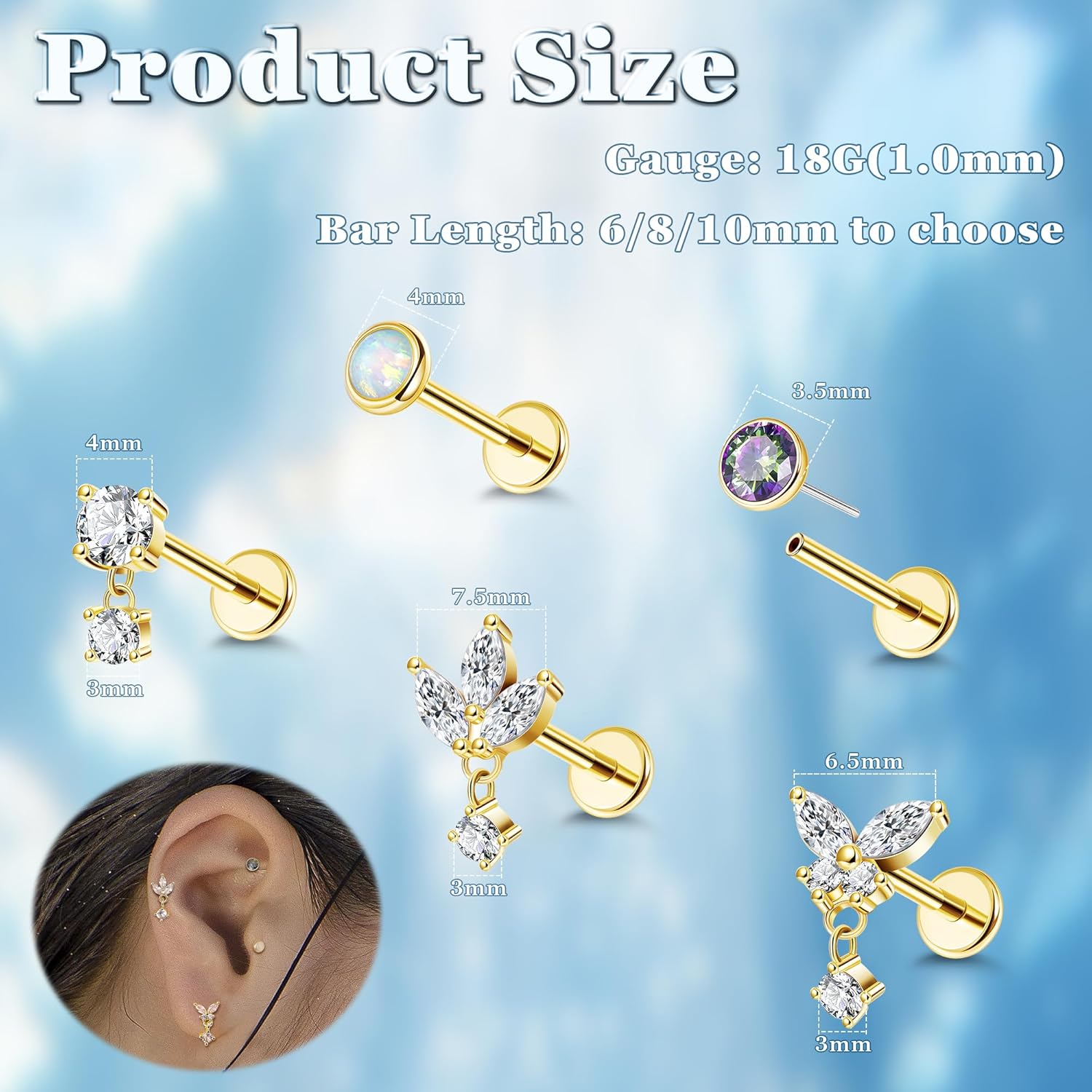 5Pcs 18G Surgical Steel Threadless Cartilage Labret Monroe Stud Earrings for Women Push in Flat Back Helix Tragus Lip Stud Earrings Conch Nose Stud Piercing Jewelry 6/8/10MM - Image 3