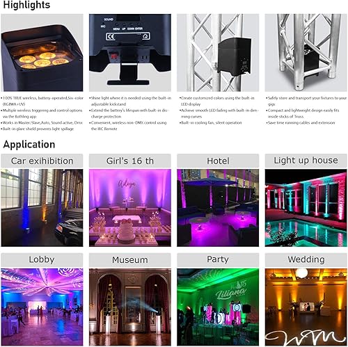 Miniatura 4 de V-Show 4X inalámbrico DMX alimentado por batería luz de escenario de libertad 6 x 18 W 6 en 1 RGBWA aplicación móvil control remoto WiFi con bolsa