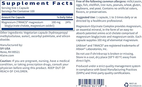 Miniatura 5 de Klaire Labs Complejo de glicinato de magnesio, mezcla de bisglicinato de 100 mg para apoyar la salud y el descanso óseos, quelado para una mejor
