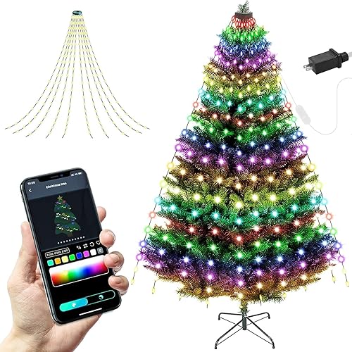 Miniatura 1 de Guirnalda de luces para árbol de Navidad con anillo inteligente, 160 luces LED en cascada IP65, impermeables, multimodos con control remoto que