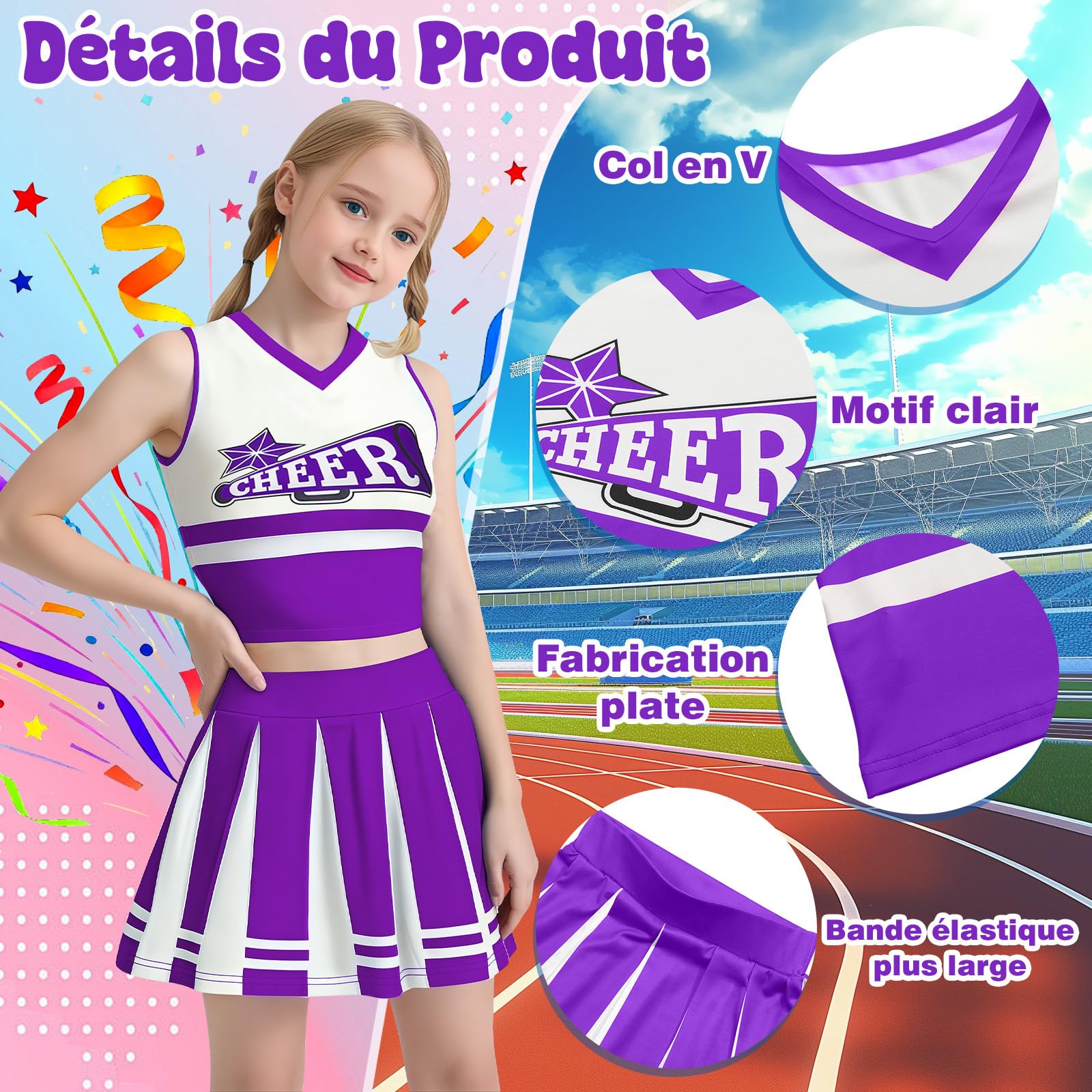 Deguisement Pompom Girl Deguisement Cheerleader avec Pom Poms Nœud Et Chaussettes Costume De Cheerleader Enfant Uniforme de Pom-Pom Girl Pour Carnaval Cosplay Mascarade Halloween FêTe Performance - 5