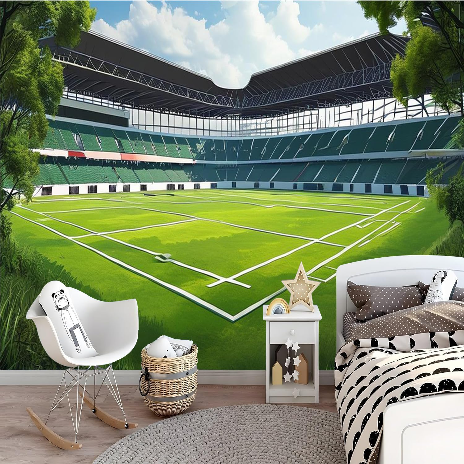 Générique Papier Peint Panoramique 3D 350x256 cm Terrain De Football Non-tissé Murale Maison Décoration Intérieure Thème Sportif pour Chambre Salon Mur TV Artistique Poster Décoration Murale 2N975