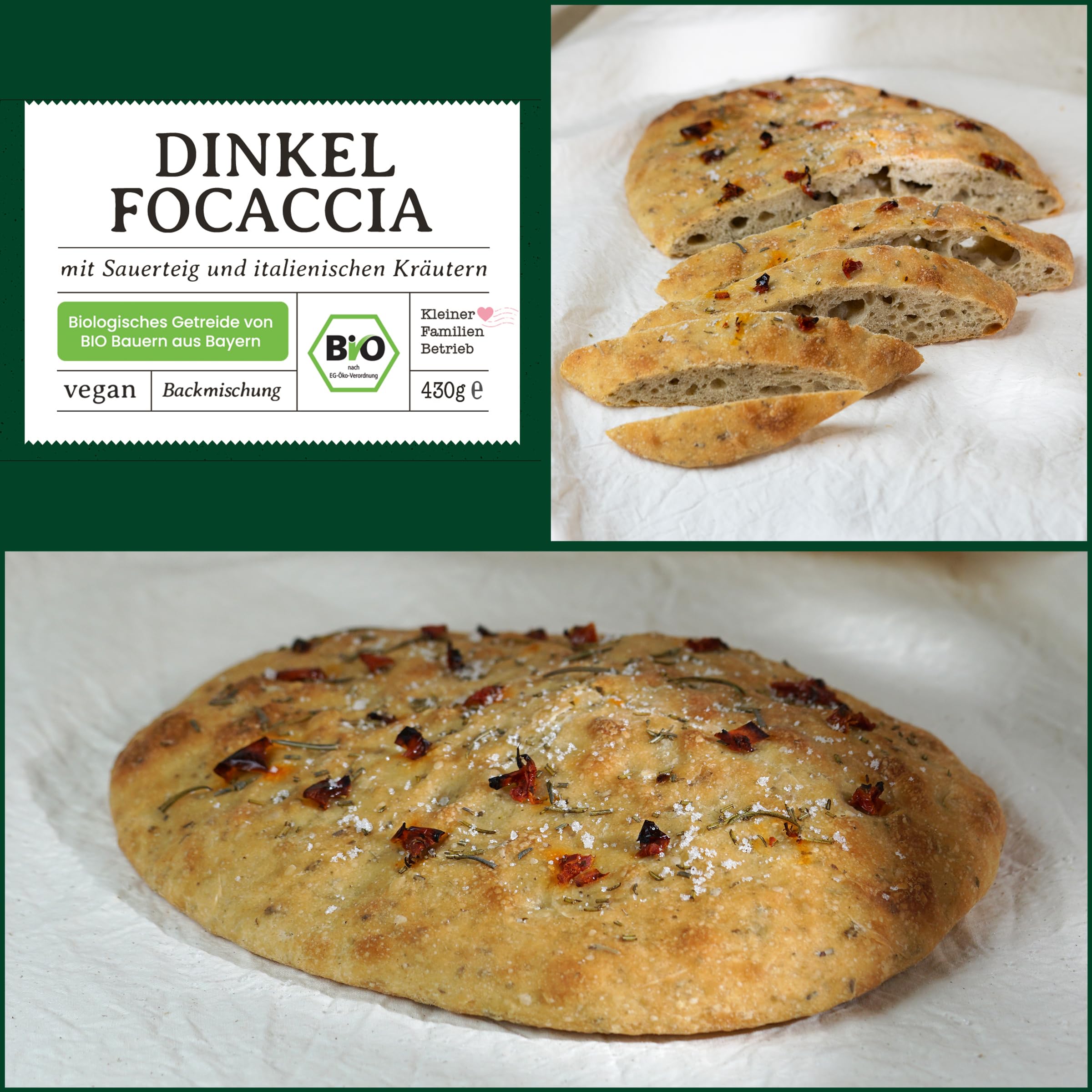 Bio Dinkel Focaccia Backmischung – mit 100 % Dinkelmehl, Dinkelsauerteig & italienischen Kräutern – fast ohne Hefe – Fladenbrot für den Ofen – Bake with Love – 10er Pack