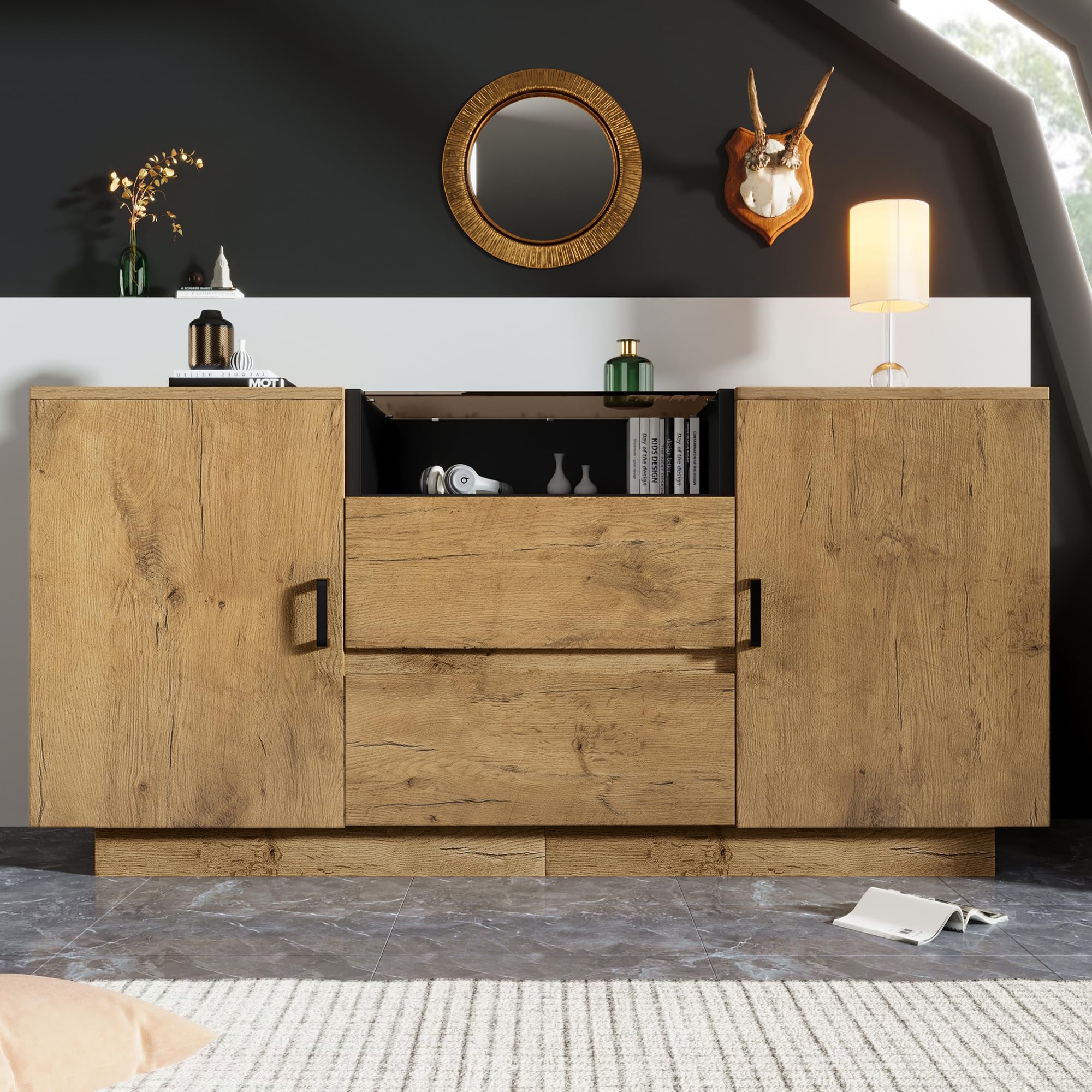Eichenoptik Kommode Sideboard mit 2 Schubladen + 2 Schränken (innen höhenverstellbar) & offenem Fach - ESG-Glas & Schwarze Griffe, H70/B140/T40 cm Möbel: Schränke im Hauptwohnraum AB20052627A