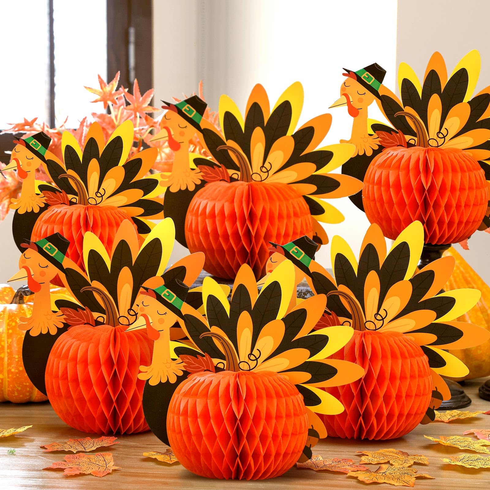 6 Pcs Thanksgiving Table Centerpiece Decorations Paper Turkey Decor Thanksgiving Honeycomb Decorations 3D Paper Turkey Honeycomb Standing for Autumn Harvest Party Kitchen Tabletop Home Decor