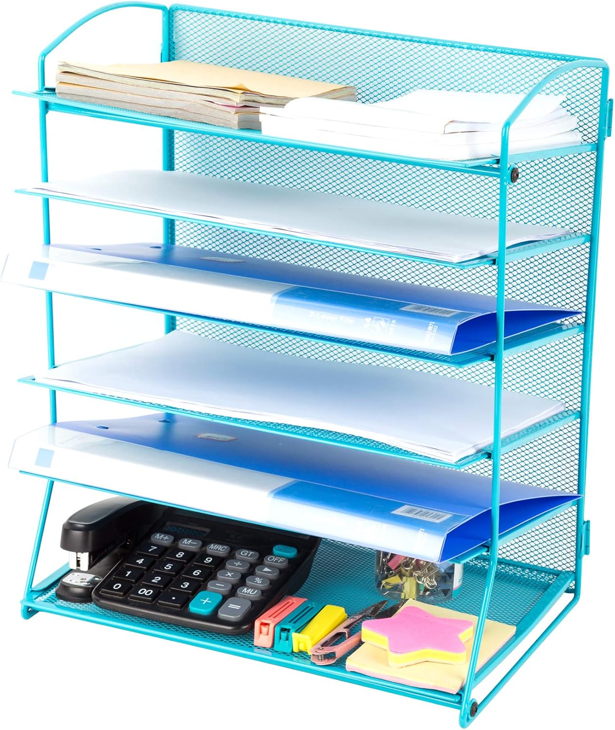 Mesh Desk Organizer 6 Trays Paper Holder Desktop File Letter Mail Document Sorter for Office or Home, Light Blue