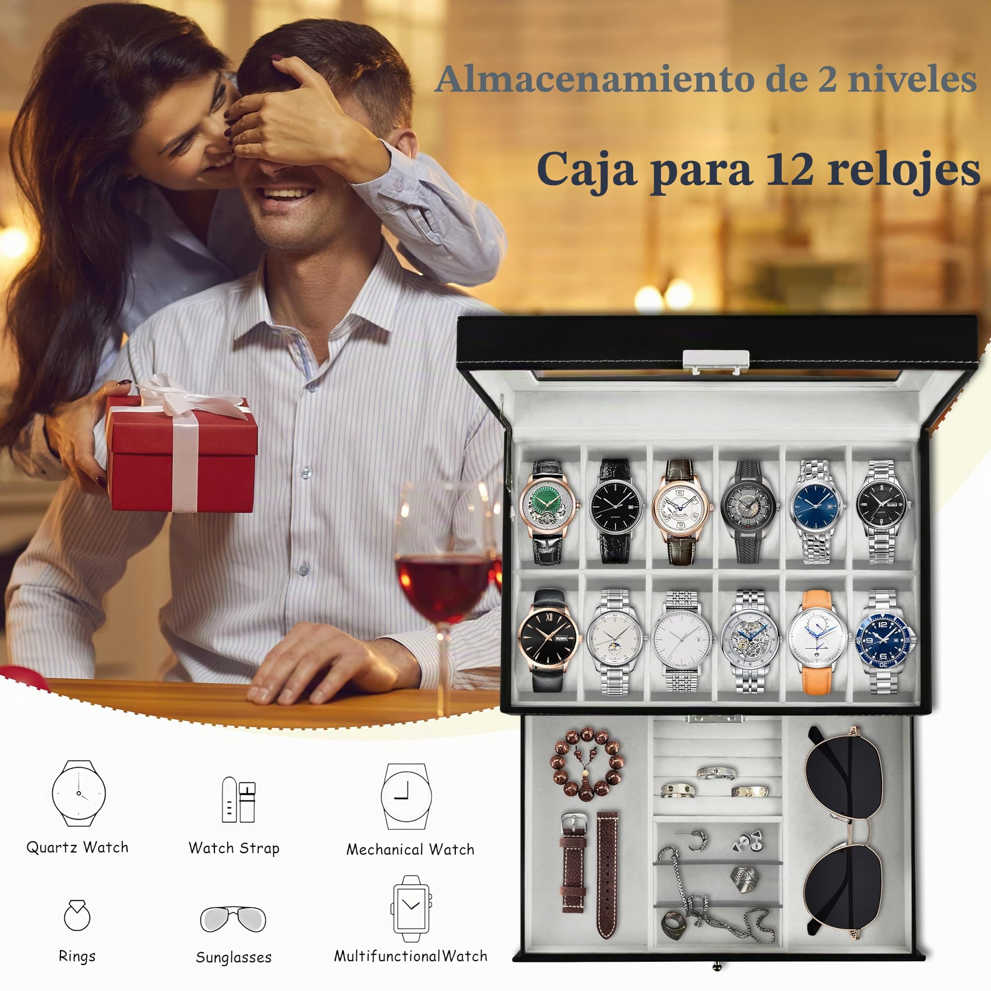 Ogrmar Cajas de almacenamiento de relojes de piel sintética con 12 ranuras, caja de almacenamiento de joyería para hombres y mujeres, organizador de 2 niveles con tapa de vidrio