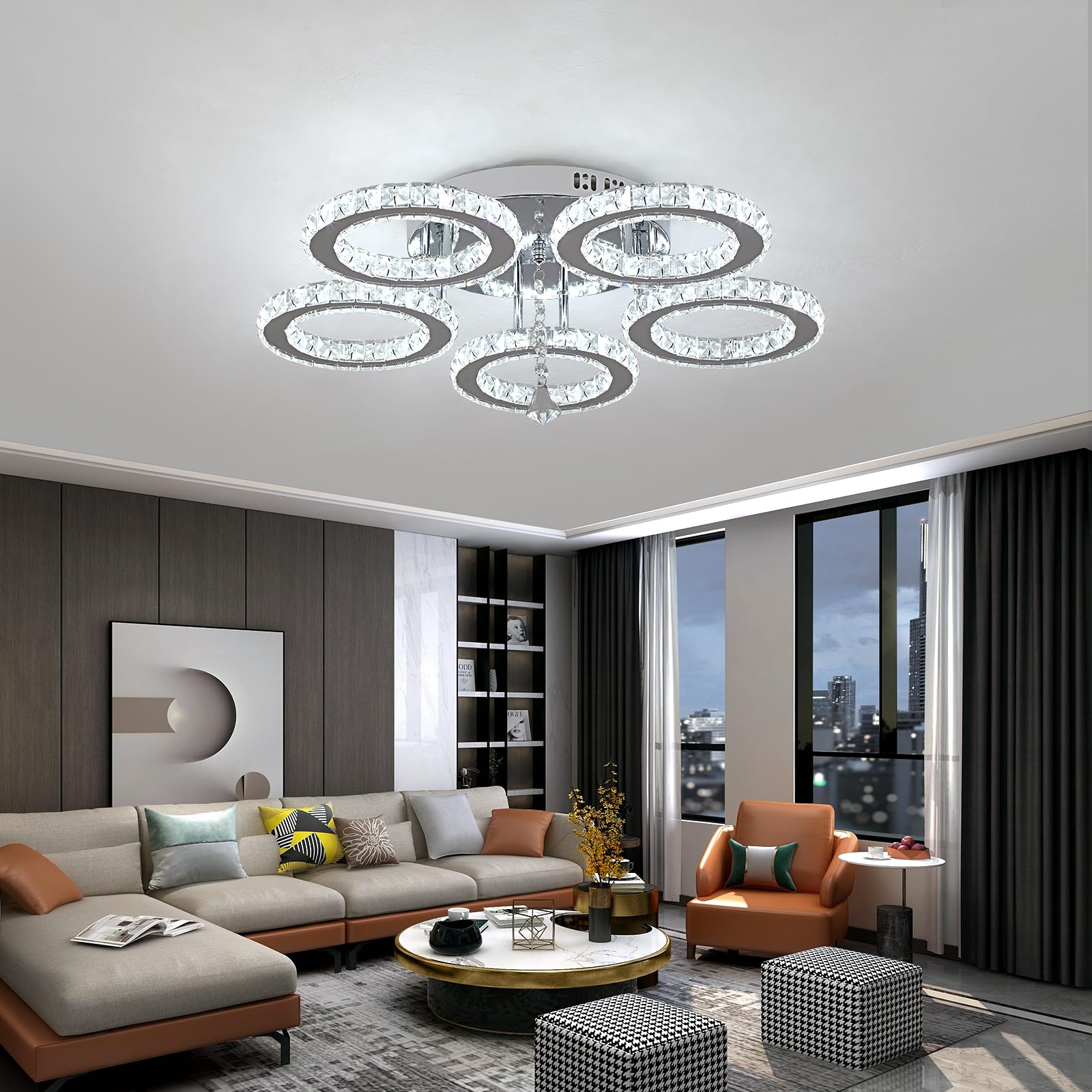 VETRULUS Moderne Kristall-LED-Deckenleuchte – Dimmbare halbflächenbündige Kristall-Lüster für Wohnzimmer – 5-Ring-Deckenleuchte für Schlafzimmer, Küche, LED-Kronleuchter