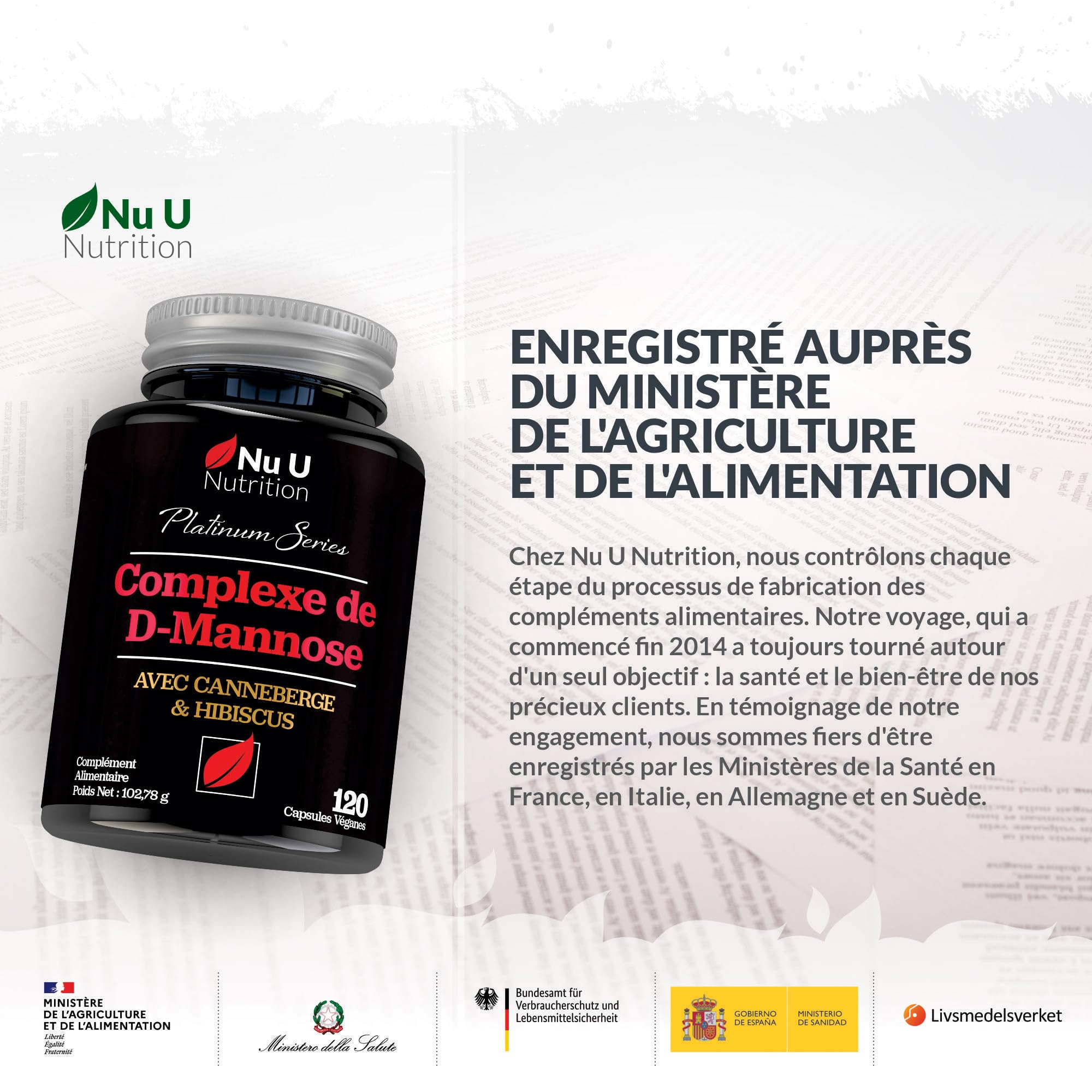 D-Mannose - 120 Capsules Véganes - Complexe 3 en 1 avec Extraits de Canneberge et d'Hibiscus - Soutien Naturel pour les Femmes - Fabriqué en Europe - Nu U Nutrition