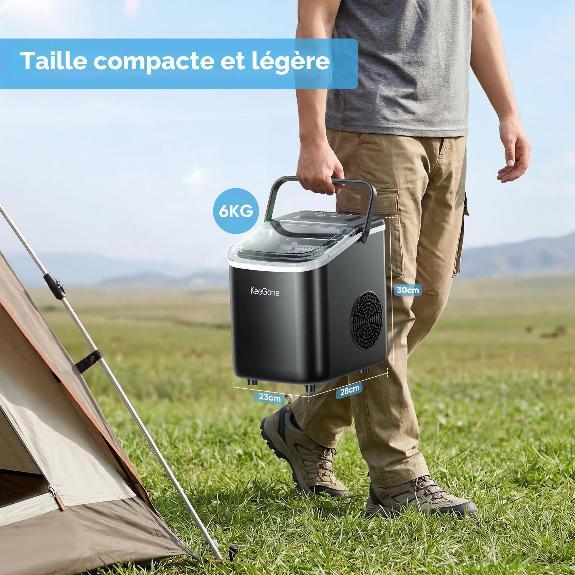 Petite machine à glaçons avec réservoir d'eau de 1,2 l, 9 cubes en 6 minutes, noire, avec poignée portable, 10 kg/24 h, machine à glaçons autonettoyante pour cuisine, bureau, bar et fête