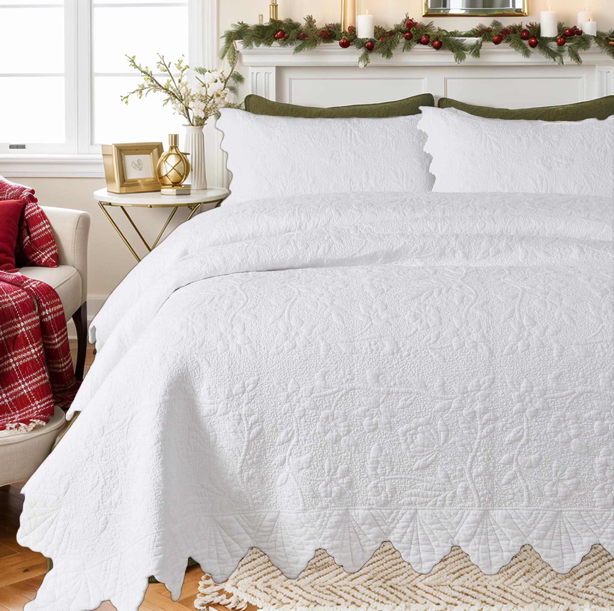Brandream White Quilts Set Queen Size Bedspreads Farmhouse Bedding 100% Cotton Quilted Bedspreads