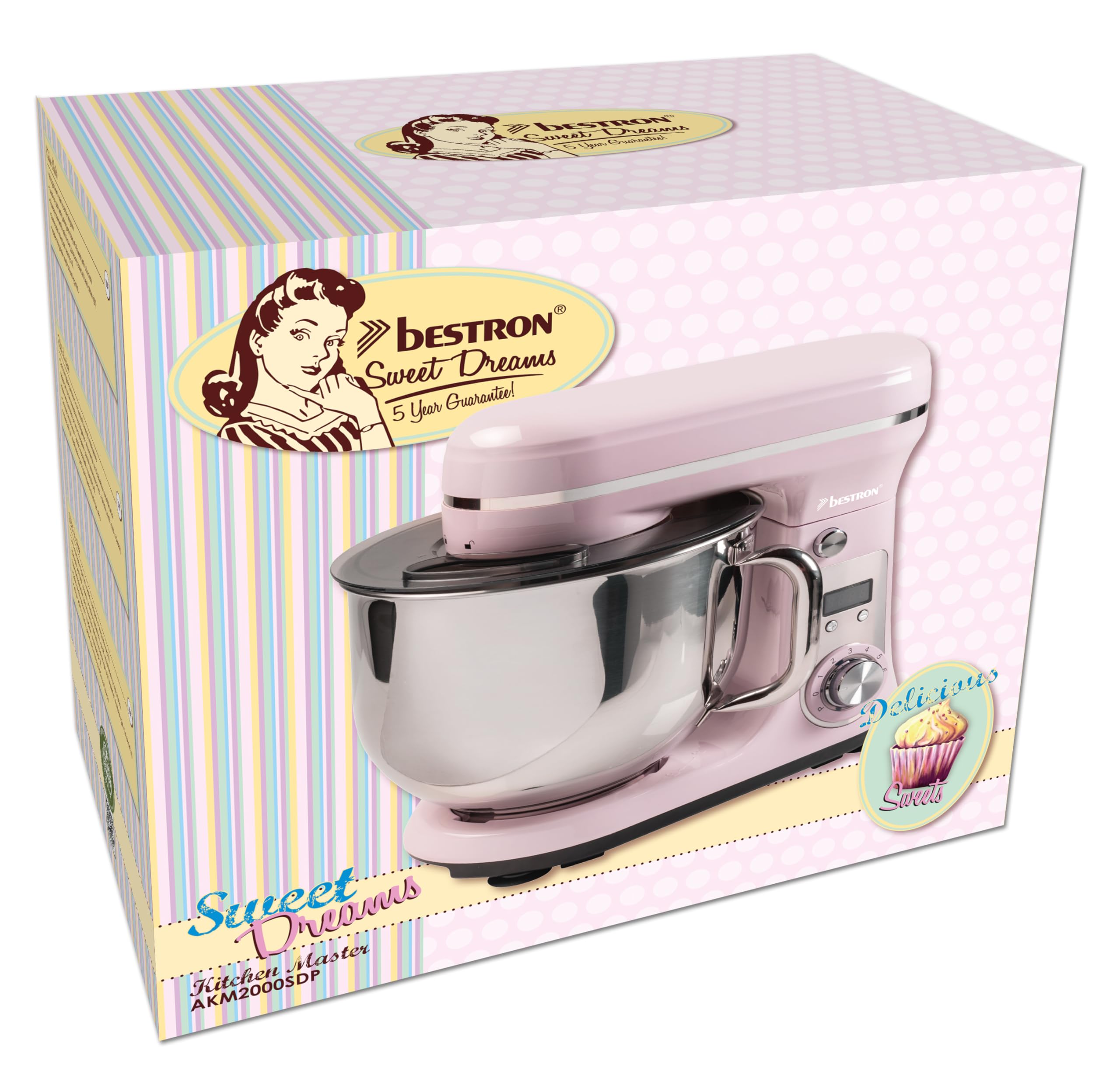 Bestron Robot da cucina Super Silent (65db) 4-1 robot da cucina con motore DC, ciotola da 6 litri, con gancio per impastare, frusta e mazza per impasto, 6 livelli di velocità + funzione impulsi,