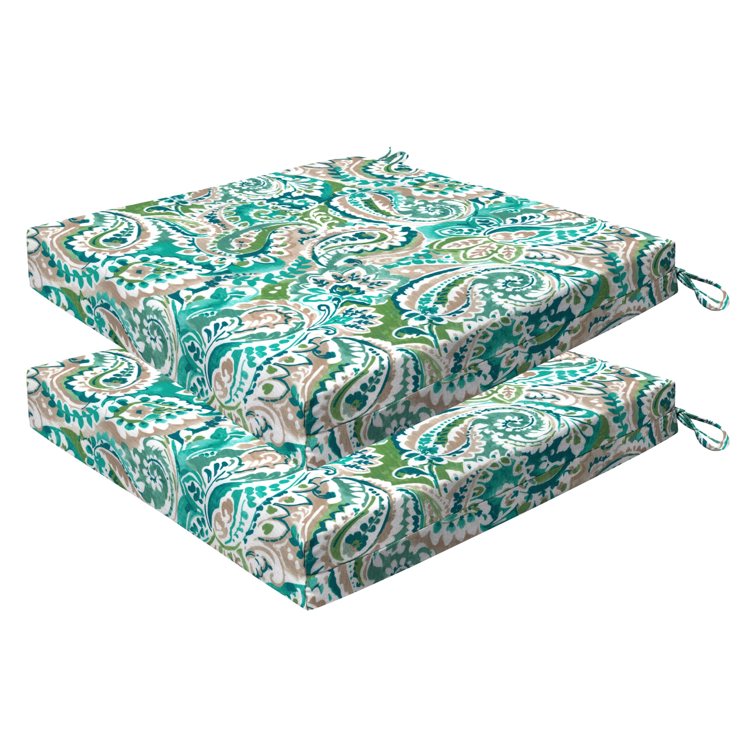 Honeycomb Outdoor Essentials Set of 2 Square Seat Pads, 19 x 19, Geneva Paisley Turquoise Dining Chair Cushions for Patio Furniture