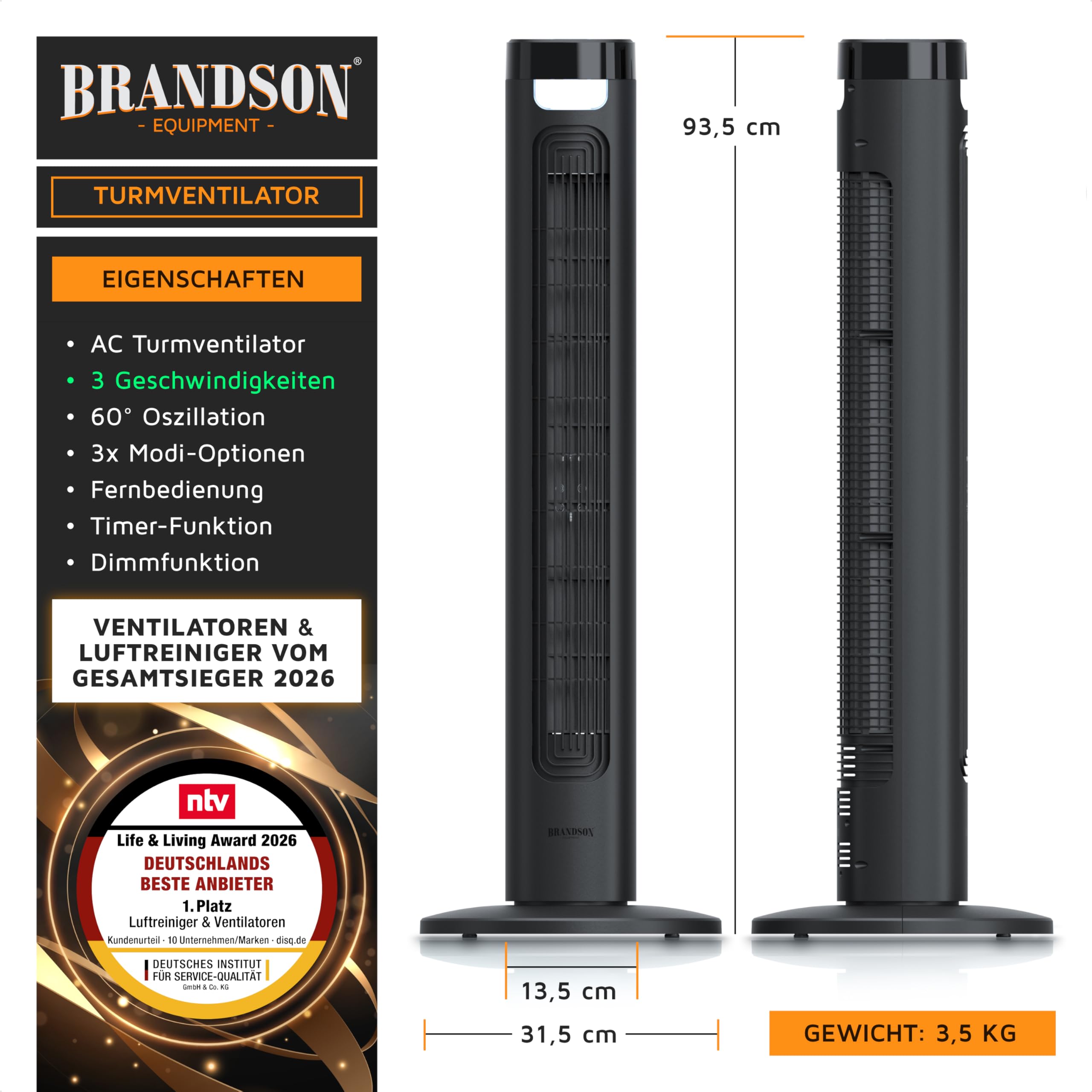 Brandson - Turmventilator mit Fernbedienung - Sieger Ventilatoren und Luftkühler 2026 - sehr leise - LED Display – 3 Geschwindigkeitsstufen 3 Modi – Oszillation - Standventilator Ventilator Kühlung