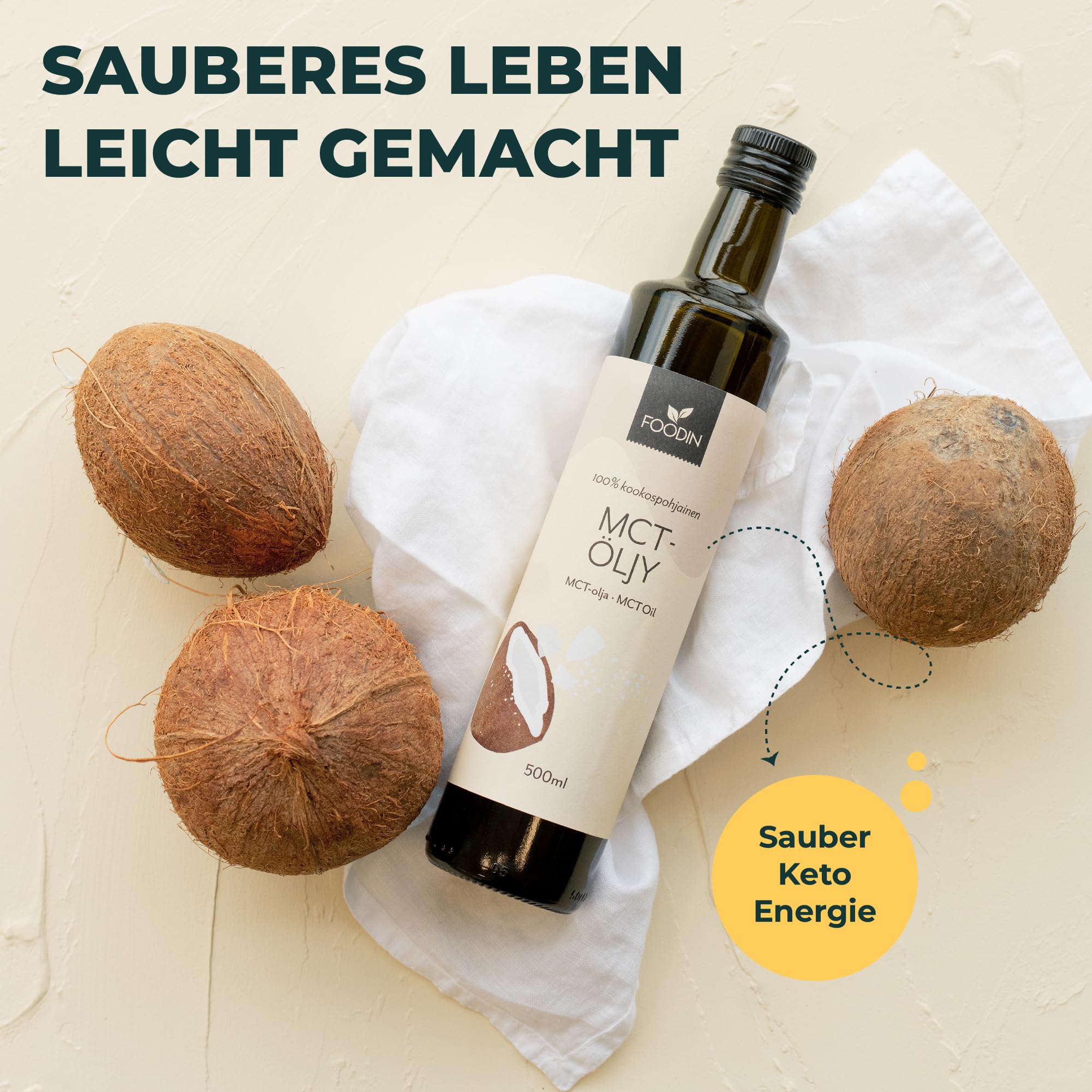 FOODIN MCT Öl 1000ml (2 x 500 ml) aus 100% Kokosöl, Medium-Chain Triglyceride (MCT) Oil, Hergestellt aus produzierter Kokosnuss, 100% glutenfrei und vegan, Ideal für Ketogene Ernährung