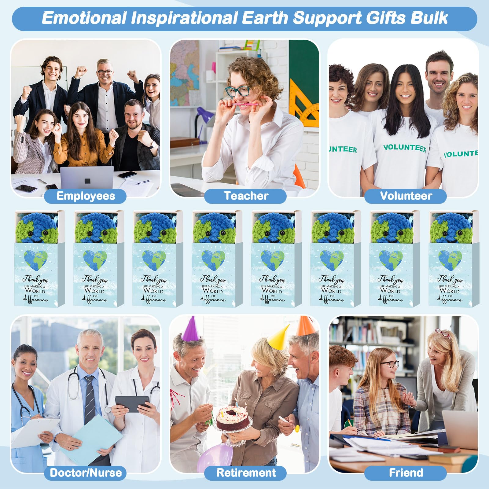 Wettarn 36 Sets Earth Day Gifts Pocket Hug Token Bulk Crocheted Earth with Box Encourage Positive World Environment Day Supplies Reduce Reuse Recycle Gifts for Women Friend Employees