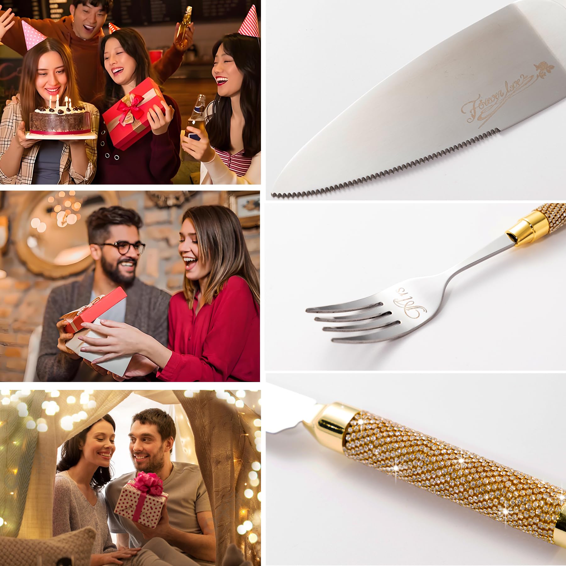 Juego de cuchillo y servidor para tartas de boda, juego de corte de pasteles para boda, 4 cortadores de pasteles y juego de tenedores para tartas de Mr and Mrs para regalos de despedida de soltera,