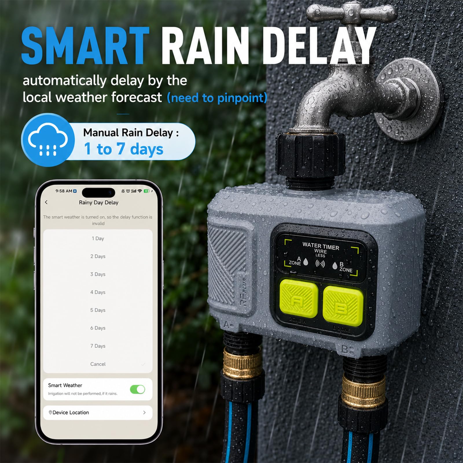 2 Voies Programmateur Arrosage WiFi Passerelle RF 300 Mètres, Minuteur Arrosage Automatique Permet Un Contrôle à Distance Via Application, Commande Vocale et le Mode Manuel, Fonction de retard pluie