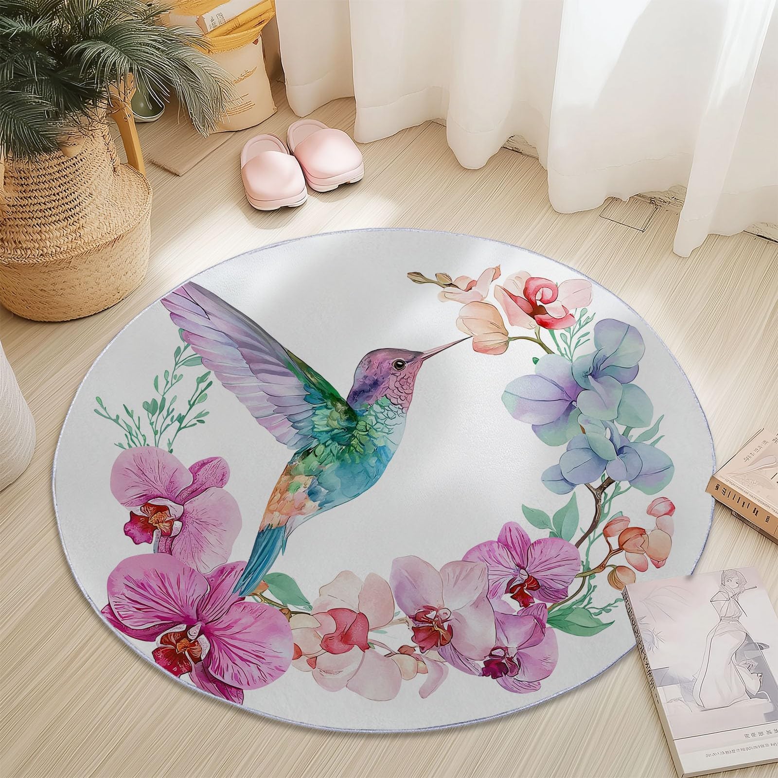 Generisch Aquarell Kolibri Orchidee Runder Teppich Wohnzimmer, Weiß Style Schlafzimmer Dekoration Teppich Teenager Männer Gaming Zone Rugs Mat rutschfest Washable, 120 cm