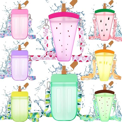 Miniatura 1 de 8 botellas de agua lindas con pajilla tazas de helado de sandía Kawaii para niños botellas a prueba de fugas con correa ajustable para el hombro