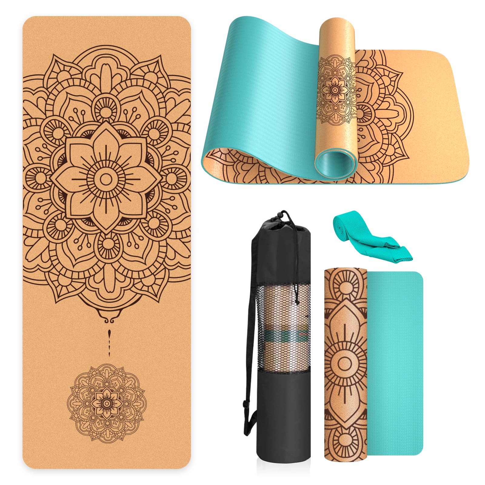 Haninj® Yogamatte Kork – Rutschfeste Yoga Matte, Einzigartiges Design, Naturkautschuk TPE Gymnastikmatte, Trainingsmatte mit Tragetasche & Gurt, für Zuhause, Pilates, Aerobic Fitnessstudio und Workout