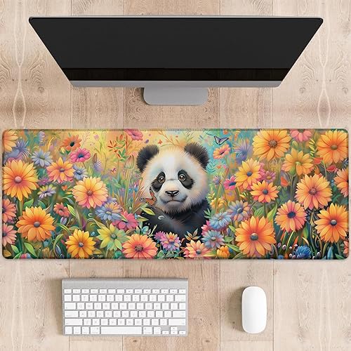 Alfombrilla de mouse para juegos de panda en campo de flores, alfombrilla de escritorio grande floral colorida para computadora, teclado extendido,
