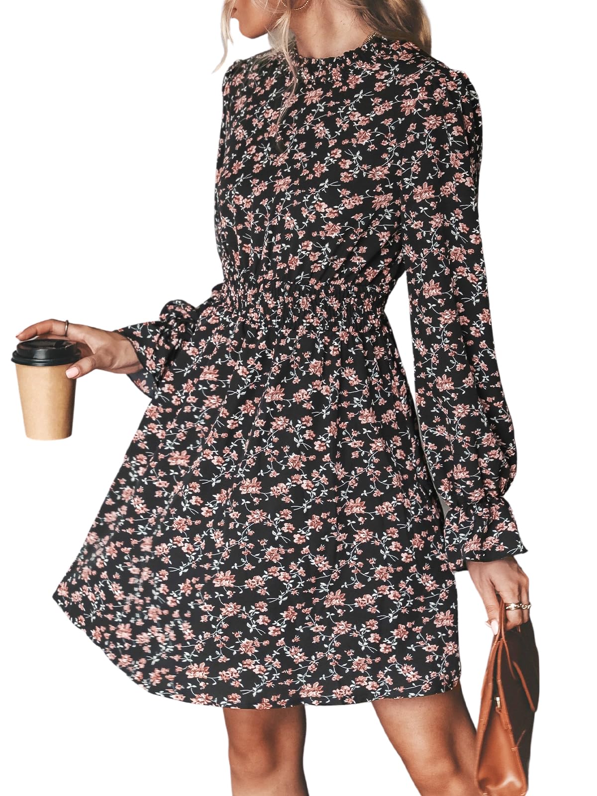 CUPSHE Damen Herbstkleid Blumenmuster Stehkragen Langarm Gesmokte Taille | Minikleid Volantmanschetten Rückenverschluss Elegant A Linie Tunika Kleid Freizeitkleid Partykleid Fließender Rock