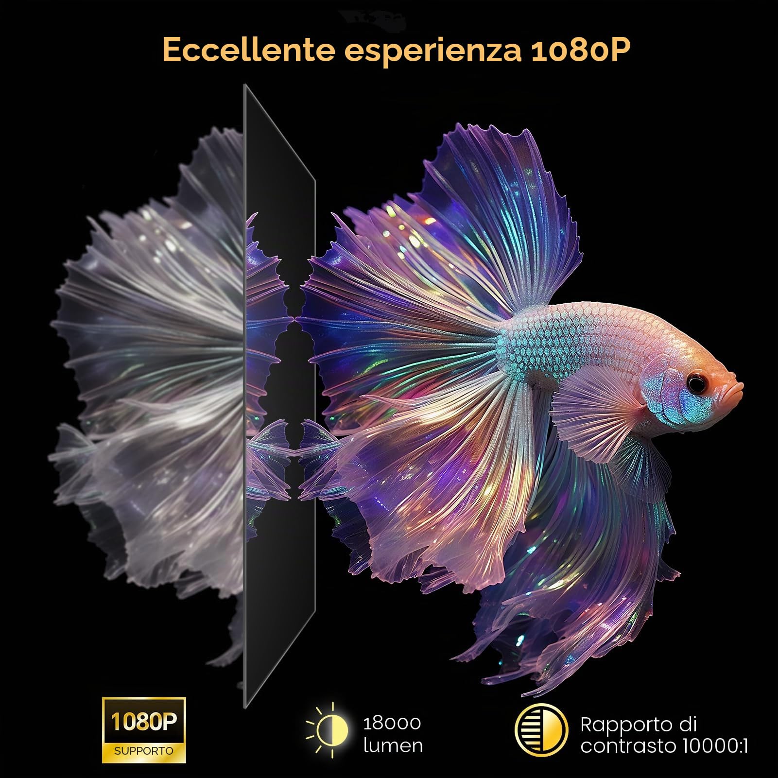 Mini Proiettore con WiFi 6 e BT5.4, Proiettore Portatile nativo 1080P, supporto 4K, con supporto regolabile a 180°, display max 180 pollici, altoparlante integrato with HDMI/TV Stick/USB(Nero)