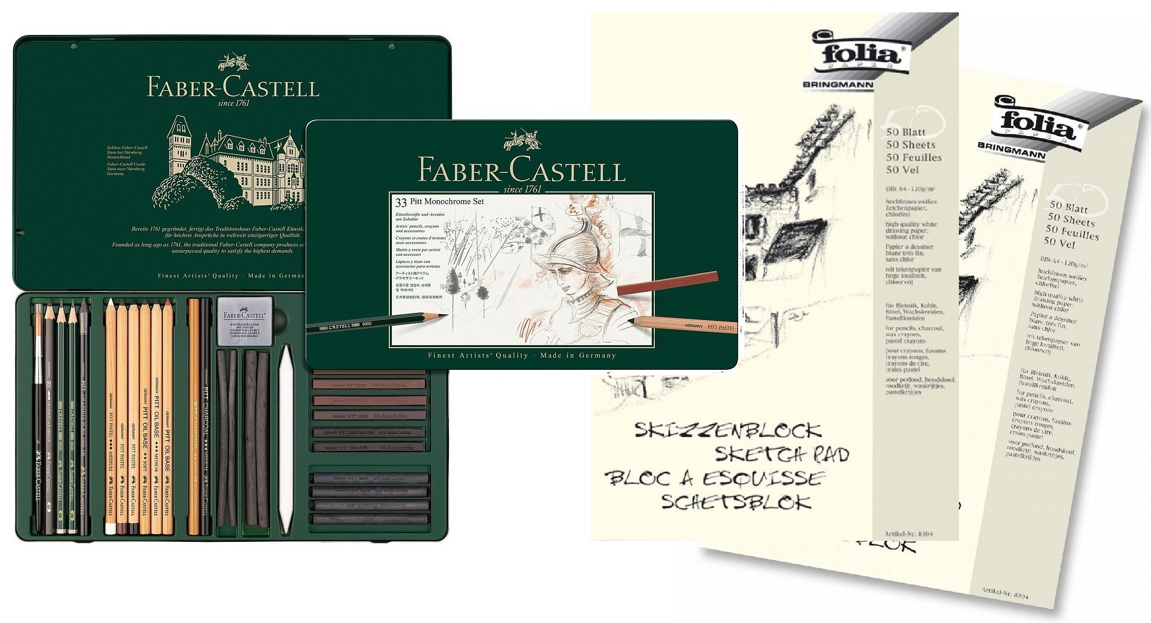 Faber-Castell 112977 - Pitt Monochrome Set im Metalletui, groß 33-teilig, mit 2 Blöcken