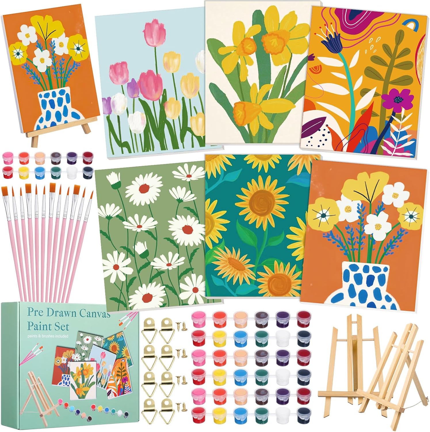Engrowtic 57 Pcs 6 Set Flower Sip and Paint Kit for Adults 8'' x 10'' Pre Drawn Canvas Set for Painting DIY Craft Pre Printed Canvas Painting Favor Wood Easel Brushes Date Night Birthday Gifts Bulk