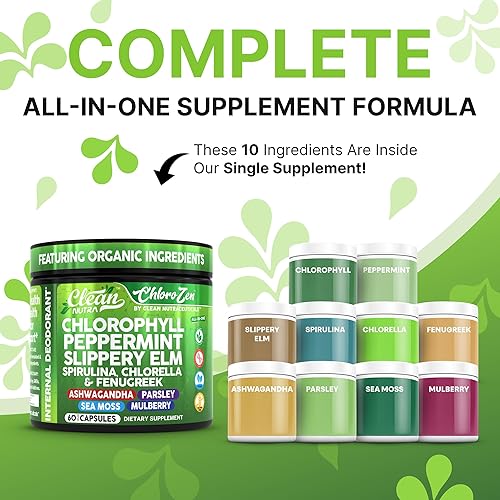 Miniatura 2 de Clean Nutra Cápsulas de clorofila + olmo resbaladizo de menta, espirulina, clorella, fenogreco, Ashwagandha, suplemento de musgo marino  Balance de