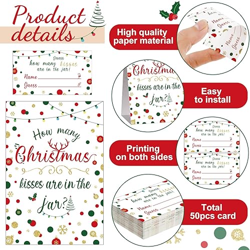 Miniatura 4 de Juego de fiesta de Navidad, con texto en inglés "How Many Kisses", decoración de despedida de soltera, incluye 1 letrero de pie y 50 tarjetas de