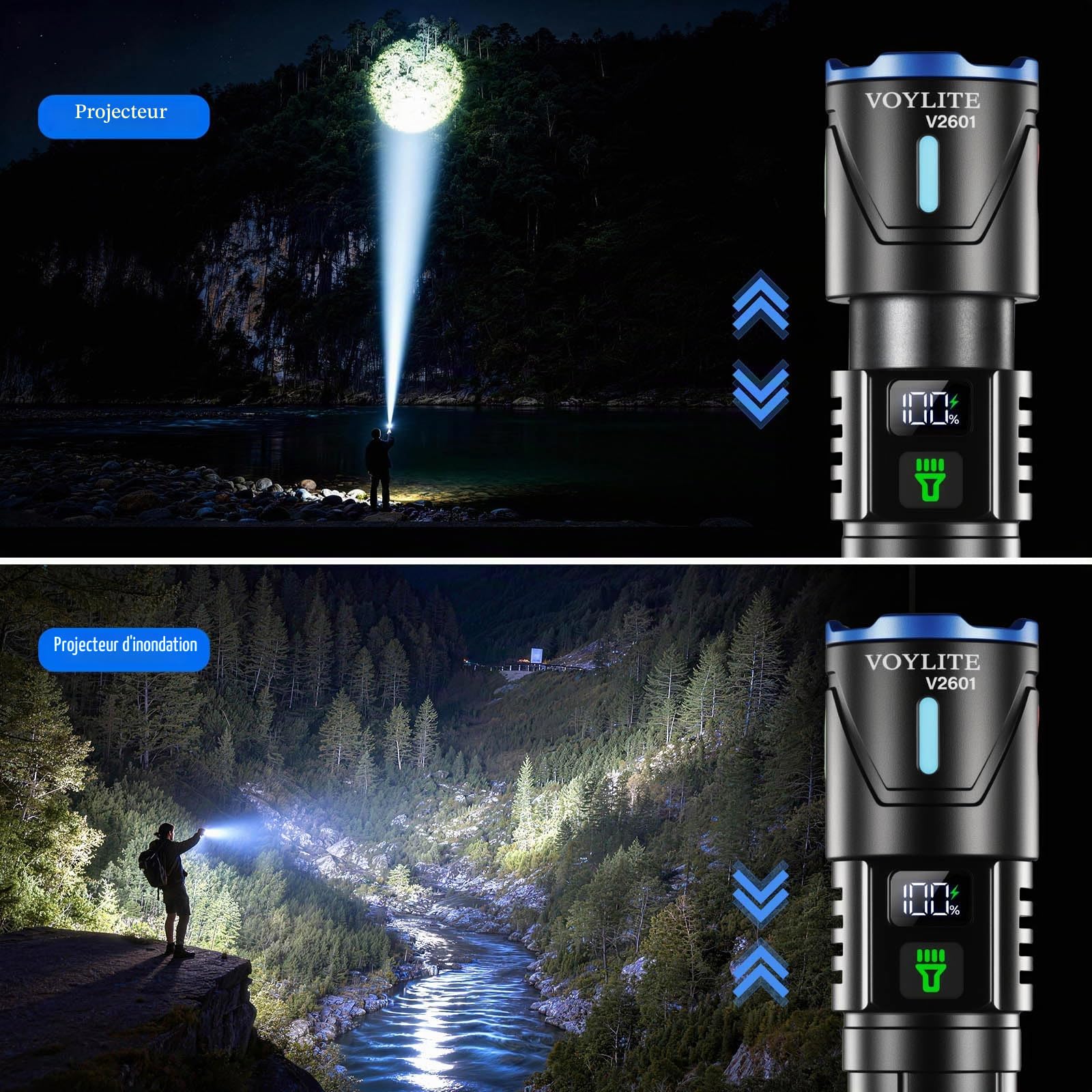 Lot de 2 Lampe Torche LED Rechargeable, 1000000 LM Ultra Puissante | 24H Éclairag（2 X lampe), Portée de 1500m, 3 Modes, Zoomable, LCD Display, IPX7 étanche Pour Camping/Randonnée/Outdoor (pince)
