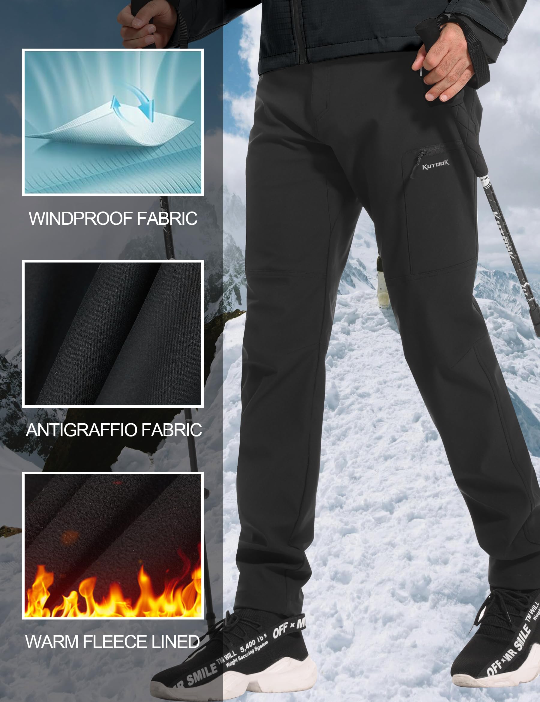 KUTOOK Pantalones Softshell Hombre Largos Cortaviento Invierno Antiarañazos Elástico con 4 Bolsillos Trekking Outdoorsport HP500