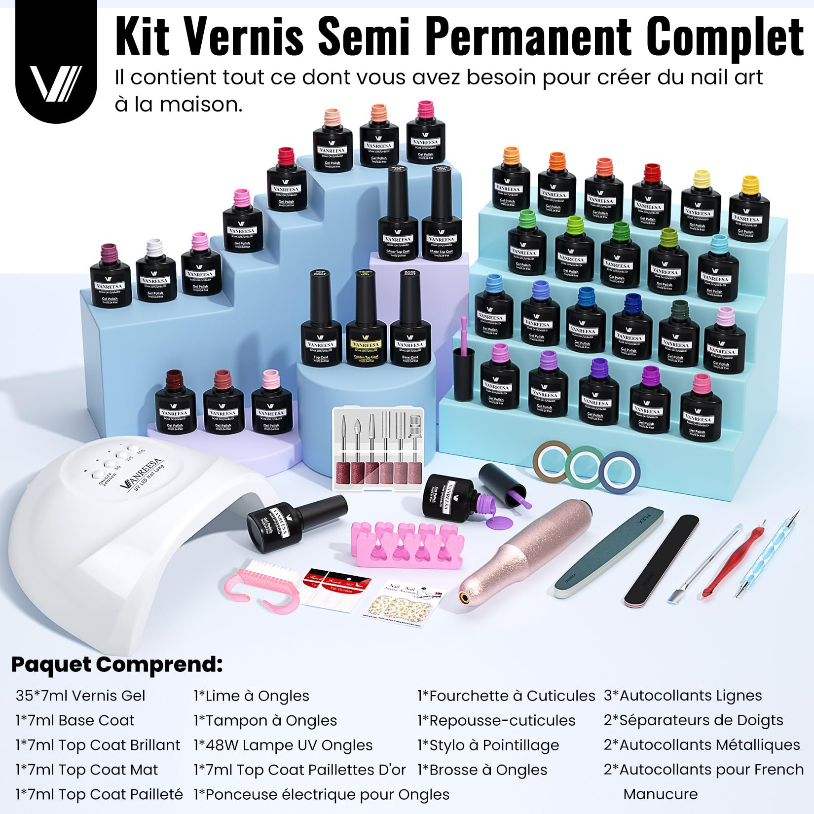 VANREESA Kit Vernis Semi Permanent, 35 Couleurs Vernis Gel UV Semi Permanent avec Lampe UV, Ponceuse Électrique pour Ongles, Base Top Coat Manucure Outils Accessoires, Cadeau pour Débutants