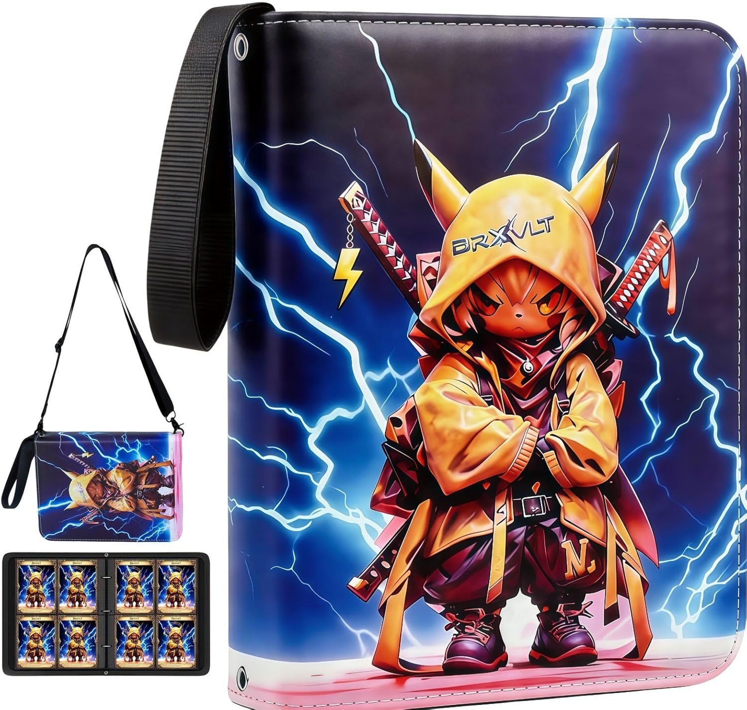 Card Binder 4 Pocket Crossbody Shoulder Strap – Zipper Closure, 400 Pockets, 50 Double-Sided Sideloading Pages, Waterproof &Acid-Free, Trading Card Album Compatible with TCG/MTG/Pokemon/Sports