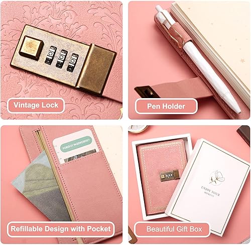 Miniatura 3 de Lock Diary - Diario vintage con cerradura para mujer, diario de cuero con cerradura recargable, con bloqueo personal, diario de escritura B6, diario