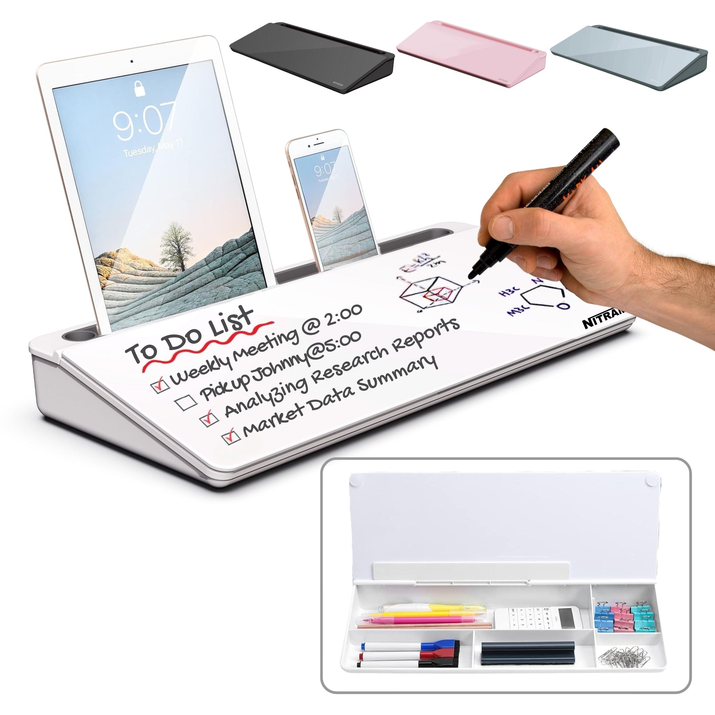 NITRAM Glass whiteboard for desks with storage for office supplies and tablet / mobile phone slot, Measurements: 40.5 x 18.5 x 6 cm, Includes eraser and 2 markers (White)-image-19
