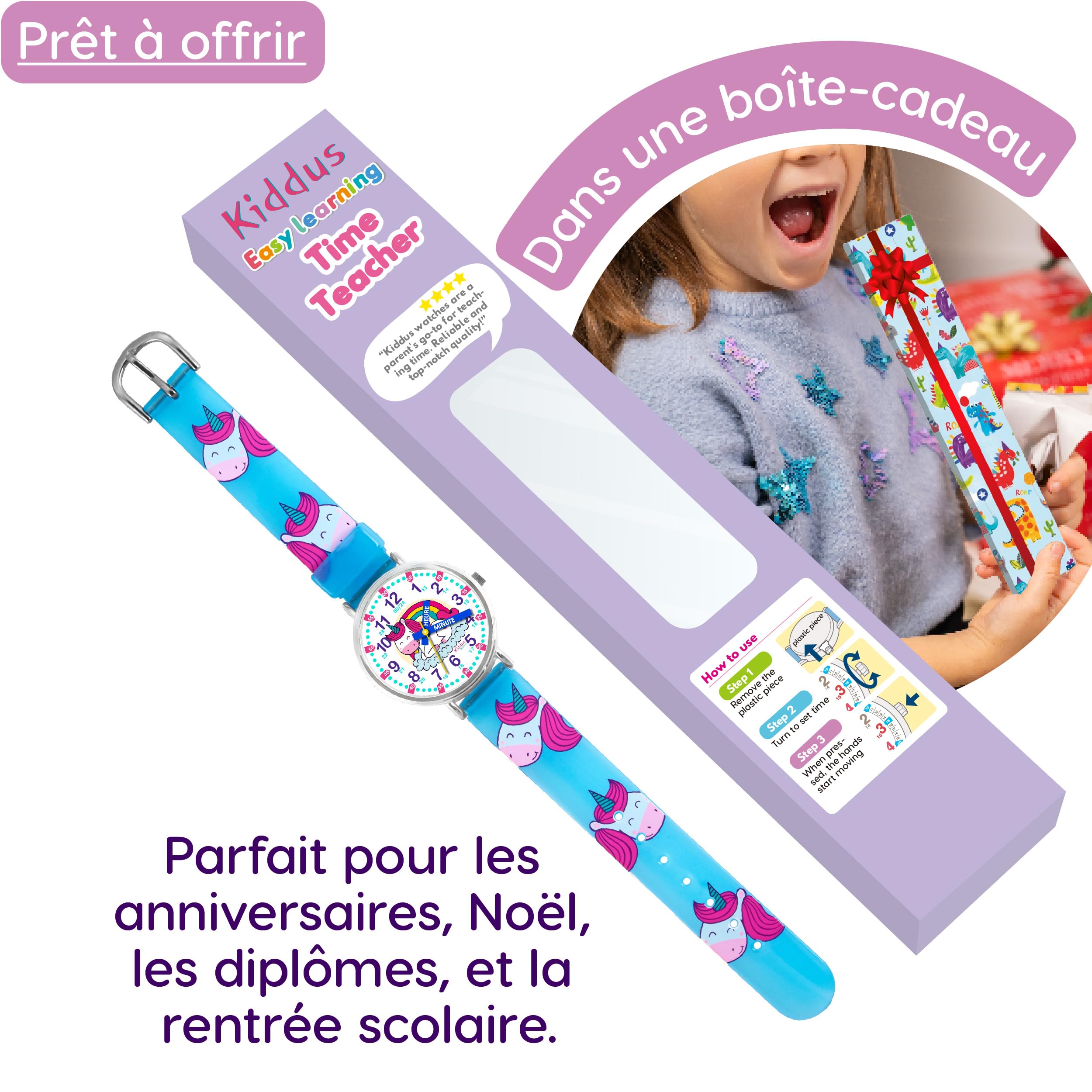 Kiddus Orologio Educativo per Bambino e Bambina dai 5 ai 10 Anni, Orologio Analogico Didattico per Imparare l'Ora, Movimento Giapponese