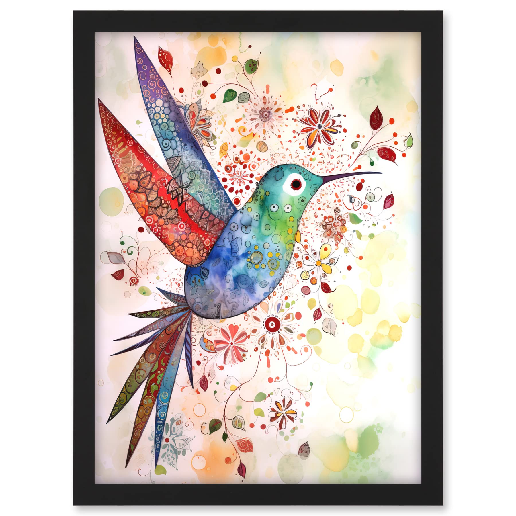Artery8 Hummingbird With Flower Patterns Folk Art Watercolour Painting Artwork Framed A3 Wall Art Print