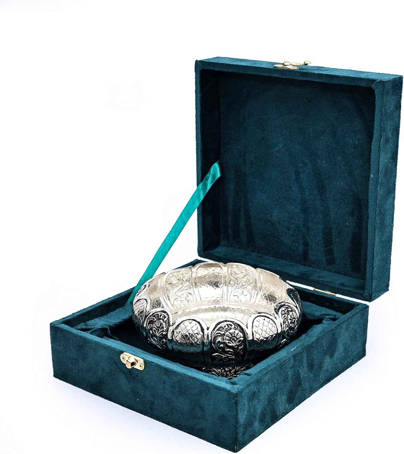 NATRIEL Antique German Silver Urli Bowl with Ornamental Rim Design, Decorative Footed Bowl with Velvet Gift Box, 3.5x7 Inch