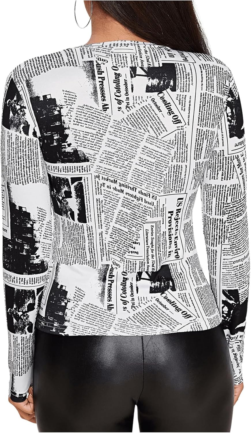 WDIRARA Women's Newspaper Print Tee Long Sleeve Round Neck Letter Print Slim Top - Image 2