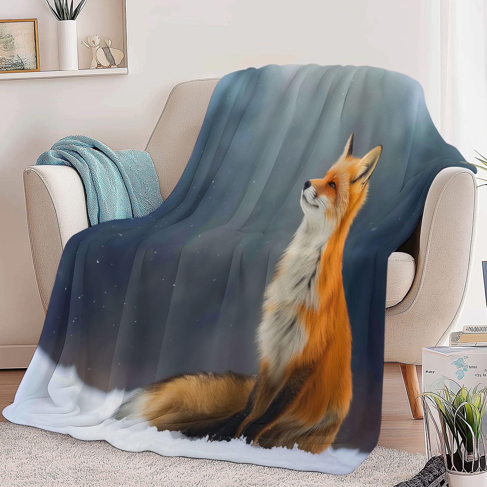 Générique Koc polarowy ze zwierzętami, śnieg, lis 180 x 200 cm, flanelowy koc polarowy, czarny, miękki, ciepły, lekki koce, do podróży, na łóżko lub sofę