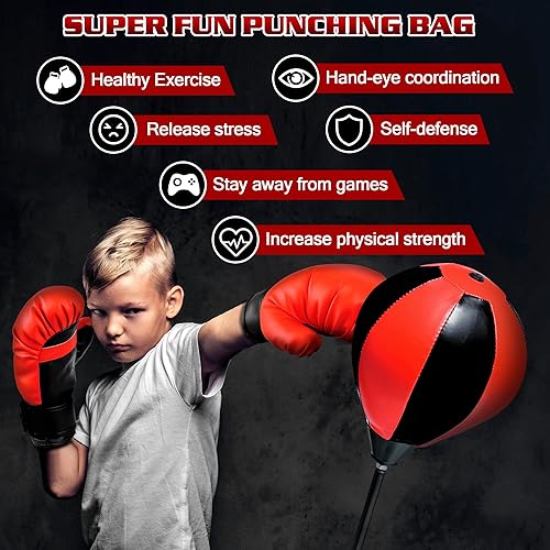 Miniatura 9 de Saco de boxeo para niños de 3, 4, 5, 6, 7, 8 años en adelante, juego de bolsa de boxeo con guantes de boxeo, saco de boxeo ajustable en altura,