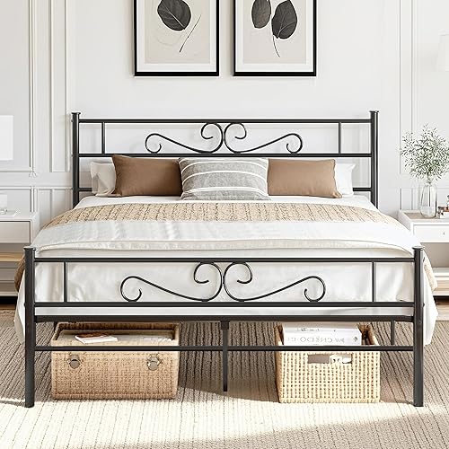 VECELO Full Size Metal Bed Frame with Headboard and Footboard, Strong Slat Support & 12'' Underbed Storage Space, No Box Spring Needed, Easy Set up, Black