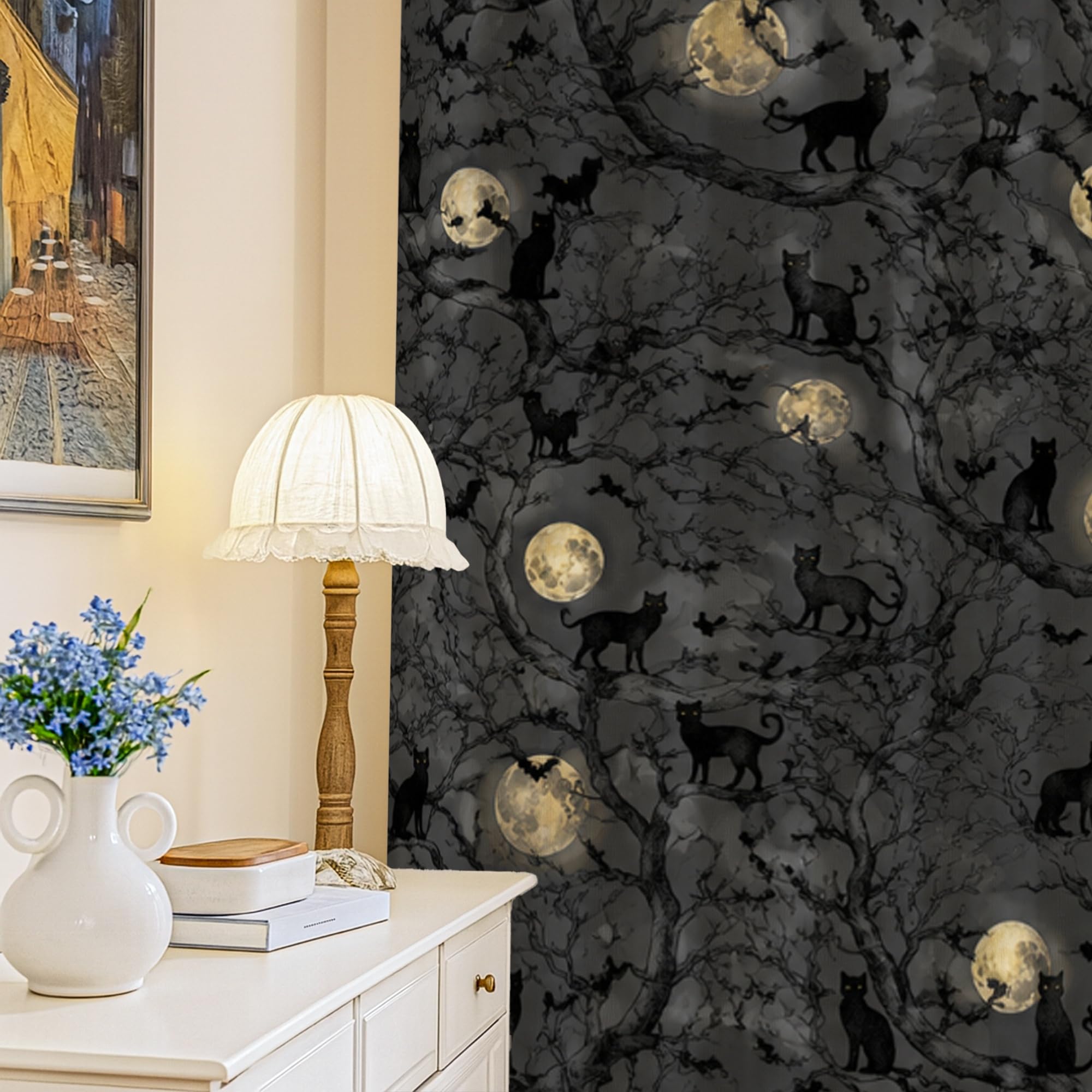 Rideaux occultants en tissu noir premium à motif chat et lune