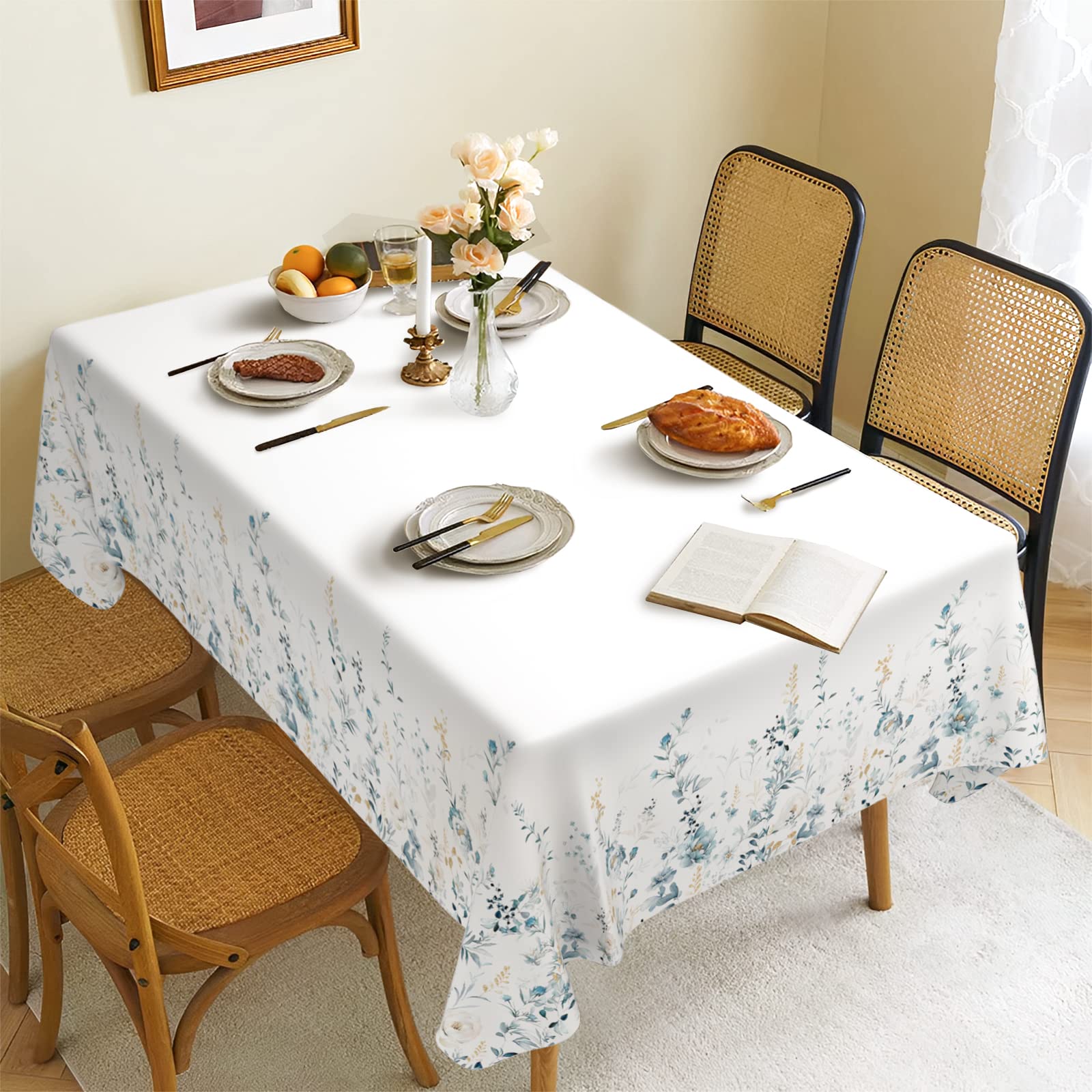 Ablecozy Blue & Gold Flowers Waterproof Tablecloth - 60x120 Inch, Rectangle, Wrinkle & Oil Resistant - View #12
