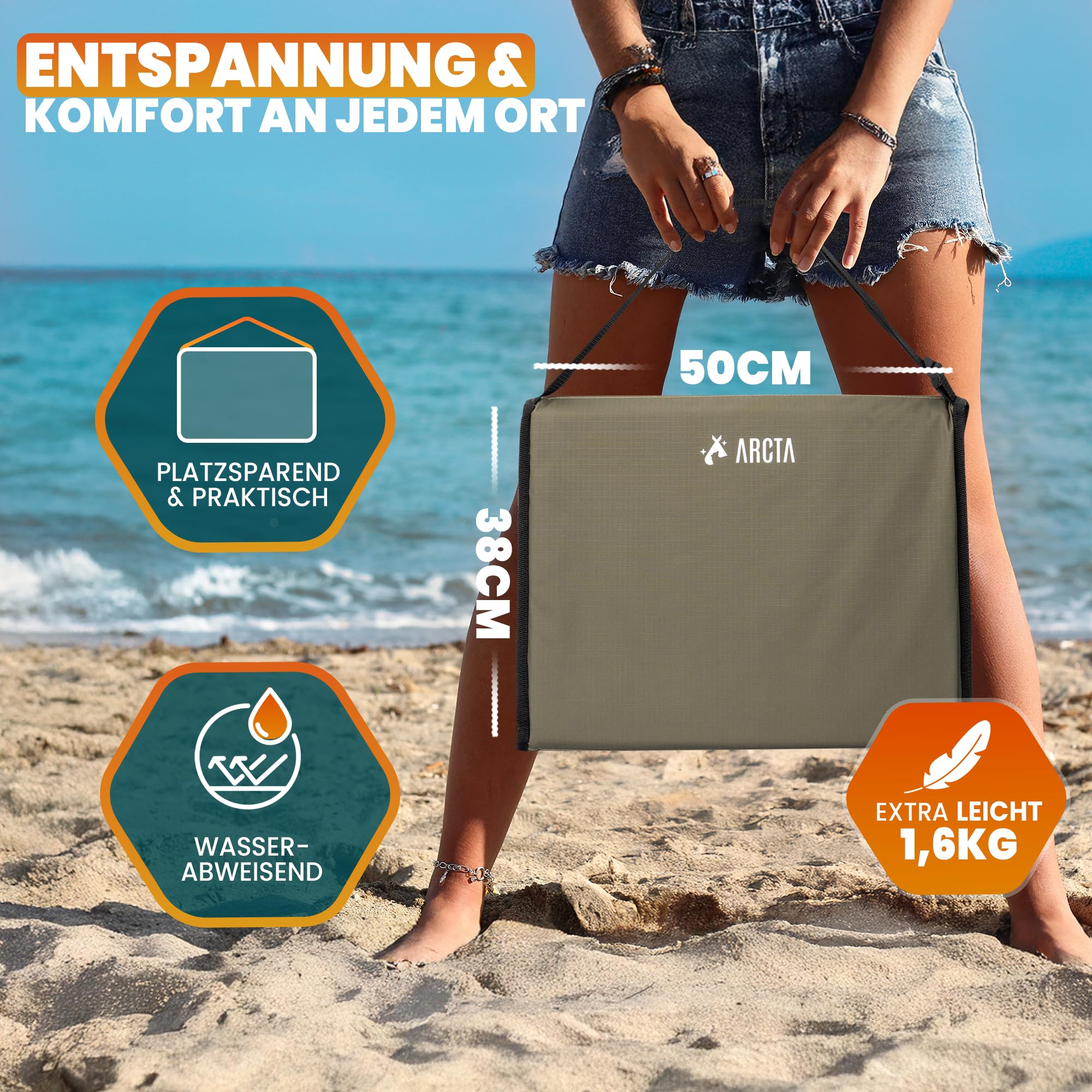 ARCTA® Campingliege faltbar leicht – Strandliege klappbar mit Rückenlehne – Ergonomische Camping Liege, Feldbett & Strandmatte – Reisebett Erwachsene, Campingbett für Outdoor & Strand